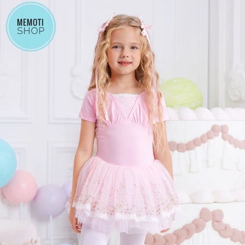 Váy múa đáp ngực phối chân ren tay ngắn (tím, xanh, hồng)