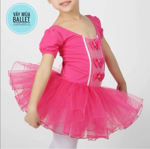 Váy múa ba nơ tay ngắn hồng đậm