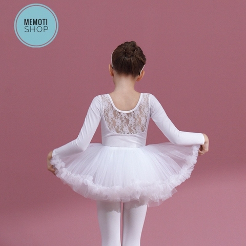 Set áo váy múa phối ren tutu dài tay trắng