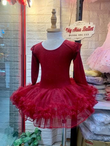 Váy múa thun nhũ tiên tutu đỏ đô dài tay