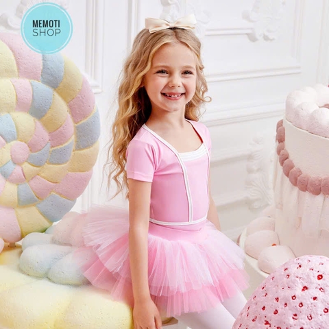 Set áo váy múa đáp ngực tay ngắn hồng