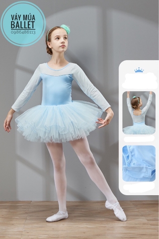 Váy múa phối voan dài tay (hồng, xanh, tím)