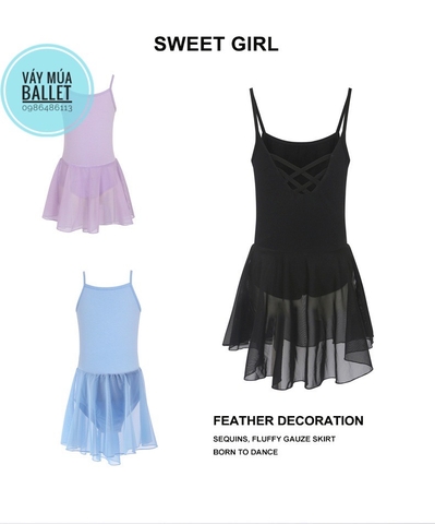 Váy tập múa 2 dây đan lưng (hồng, tím, xanh, đen)