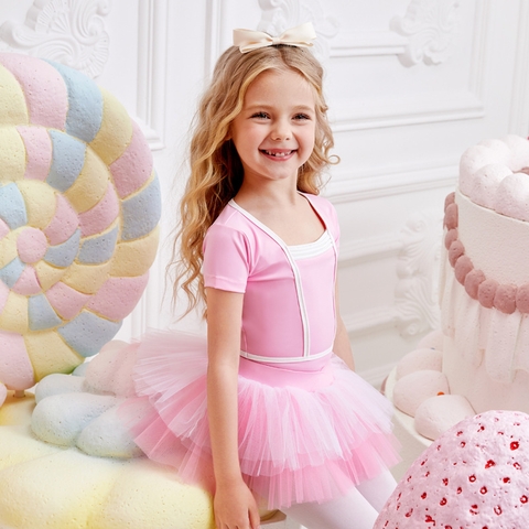 Set áo váy múa đáp ngực tay ngắn hồng