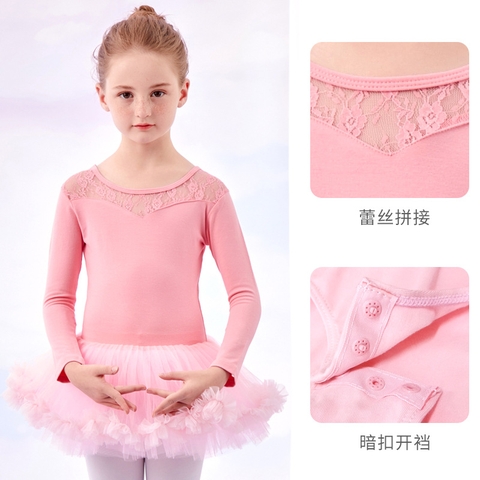 Váy múa phối ren tutu dài tay hồng phấn