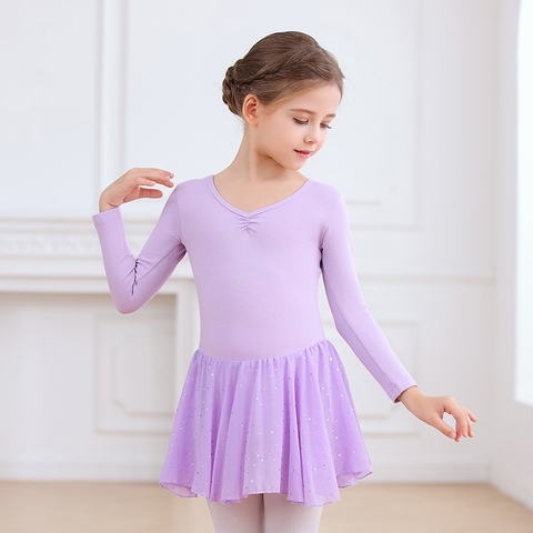 Váy tập múa nơ lưng sao dài tay (hồng, xanh, tím)