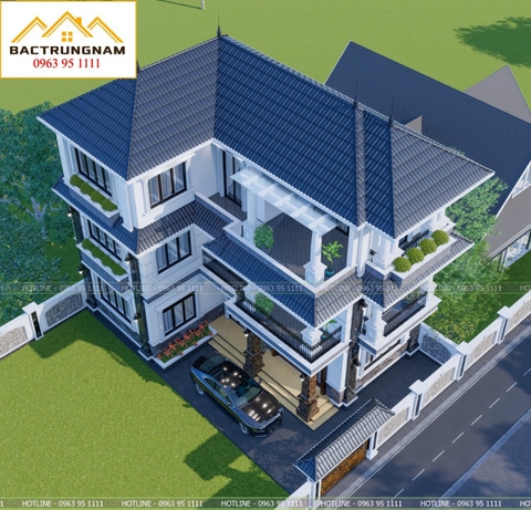3D biệt thự 3 tầng mái Nhật chữ L 