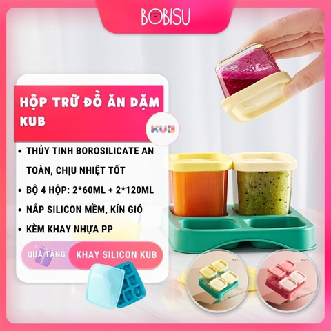 KUB | Bộ 4 Hộp Đựng Đồ Ăn Dặm Bằng Thủy Tinh (2x60ml + 2x120ml) Kèm Khay [Tặng Khay Silicon KUB]