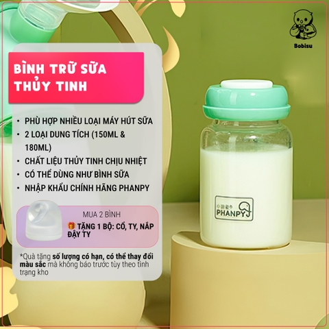 PHANPY | Bình Trữ Sữa Thủy Tinh Cao Cấp [Mua 1 Bộ Bình Tặng Ty, 1 Bộ Gồm 2 Bình Tiện Dụng]