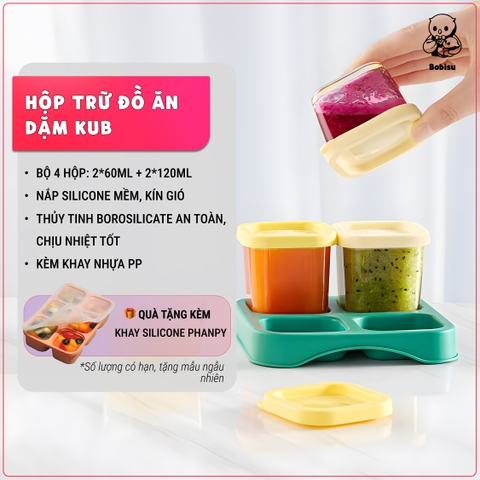 KUB | Bộ 4 Hộp Đựng Đồ Ăn Dặm Bằng Thủy Tinh (2x60ml + 2x120ml) Kèm Khay [Tặng Khay Silicon KUB]