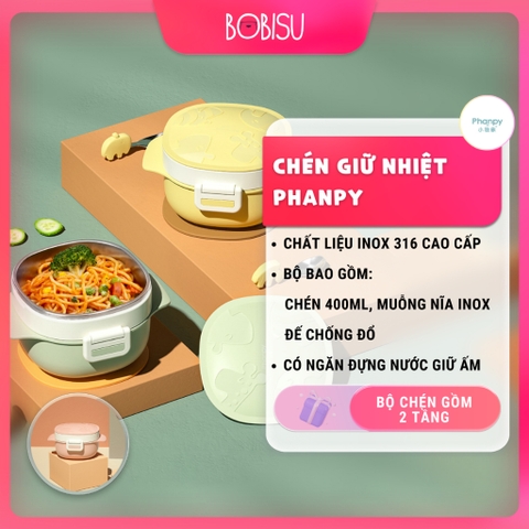 PHANPY | Chén Ăn Dặm Giữ Nhiệt Bằng Inox 316 Dung Tích 400ml, Bộ Chén 2 Tầng, Kèm Muỗng Nĩa Inox