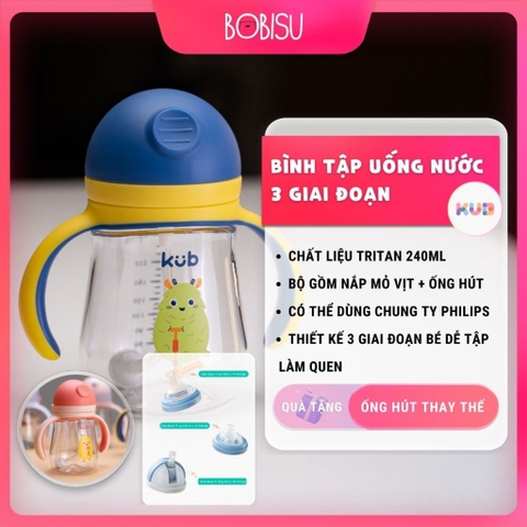 KUB | Bình Nước Chống Sặc Cho Bé 240ml Làm Từ Nhựa Tritan Và PPSU An Toàn [Tặng Ống Hút Thay Thế Tiện Lợi]