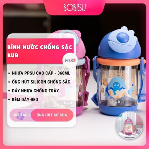 KUB | Bình Nước Chống Sặc Cho Bé 1 Tuổi Có Dây Đeo, Nhựa PPSU An Toàn 360ml [Tặng Ống Hút Sơ Cua]