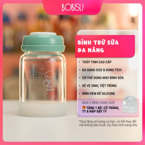 BOBISU | Bình Thủy Tinh Trữ Sữa Cho Bé Dung Tích 150ml-180ml [Mua 2 Bình Tặng Cổ Trắng, Ty, Nắp Đậy Ty]