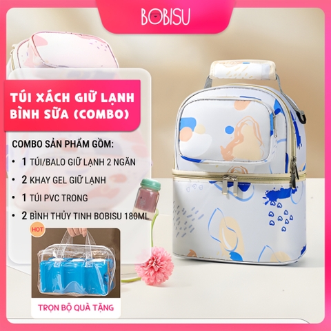 [Combo 4 Món] Túi Xách Giữ Lạnh Sữa Mẹ Cao Cấp Kèm 2 Bình Thủy Tinh 180ml + Khay Gel Giữ Lạnh