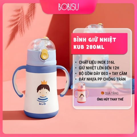 KUB | Bình Giữ Nhiệt Inox 316 Cho Bé 280ml Có Dây Đeo, Tay Cầm Tiện Lợi [Tặng Ống Hút Thay Thế]