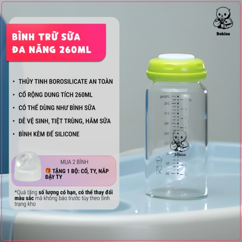BOBISU | Bình Trữ Sữa Mẹ Cho Bé Làm Từ Thủy Tinh Cao Cấp Dung Tích 260ml [Mua 2 Bình Tặng Cổ Trắng, Ty, Nắp Đậy Ty]
