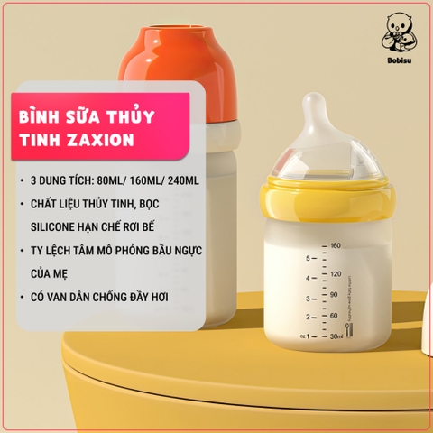 ZAXION | Bình Sữa Thủy Tinh Chống Đầy Hơi Bọc Silicone Dung Tích 80ml - 240ml