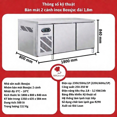 BÀN MÁT INOX DÀI 1M8 BOSS JSC CÁNH INOX (HÀNG XUẤT CHÂU ÂU )