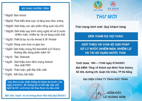 HỘI THẢO: ‘’GIỚI THIỆU VÀ CHIA SẼ GIẢI PHÁP XỬ LÝ NƯỚC NHIỄM MẶN, NHIỄM LỢ VÀ TÁI SỬ DỤNG NƯỚC THẢI’’