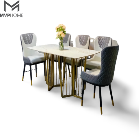 Bộ bàn ăn 6 ghế moon bàn chân inox mạ vàng 3 cạnh