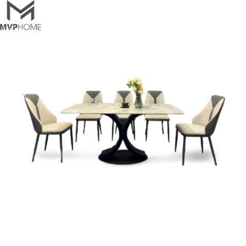 Bộ bàn ăn chân X cong thép đen