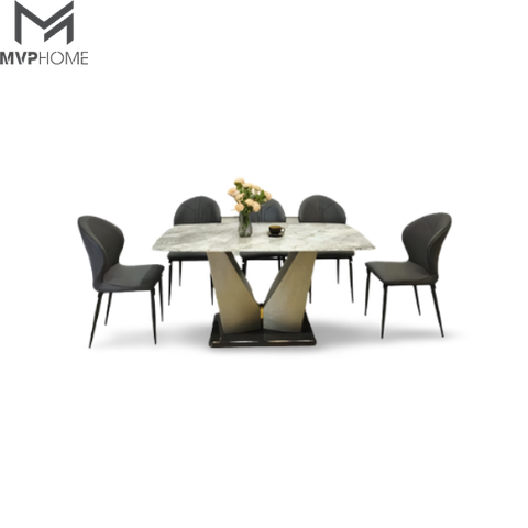 Bộ bàn ăn chân V thép bóng