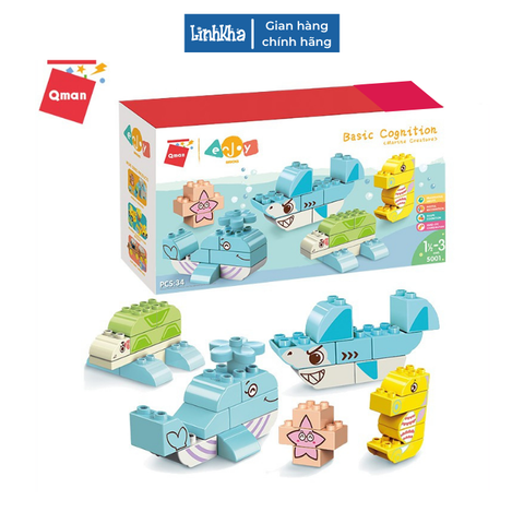 Đồ Chơi Xếp Hình Cỡ Lớn Cho Bé 1,5-3 Tuổi - Bộ Động Vật Dưới Biển 34 Chi Tiết Qman 5001