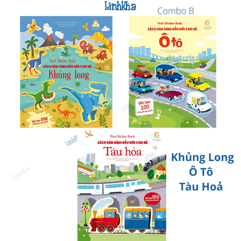 Combo 3B 3 cuốn Frist Sticker Book - khủng long - ô tô - tàu hoả
