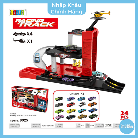 Đồ Chơi Bãi Đỗ Xe Gồm 4 Xe Và 1 Trực Thăng Chính Hãng Bowa 8025 - Parking Lot - Racing Car
