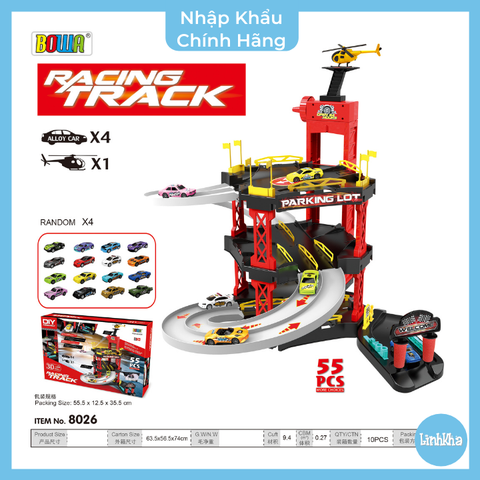 Đồ Chơi Bãi Đỗ Xe 55 chi tiết Gồm 4 Xe Và 1 Trực Thăng Chính Hãng Bowa 8026 - Parking Lot - Racing Car