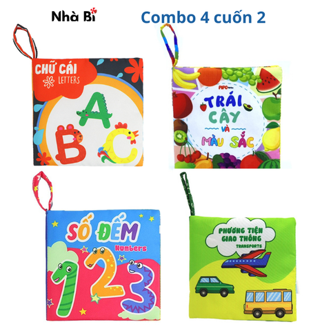 Combo 4 cuốn 12x12cm nhỏ 2: Chữ cái - Số đếm  - Phương tiện GT - Trái cây và màu sắc