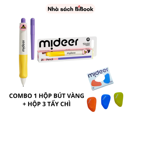 Combo bút chì kim bấm (màu vàng) và hộp 3 tẩy chì dẹp