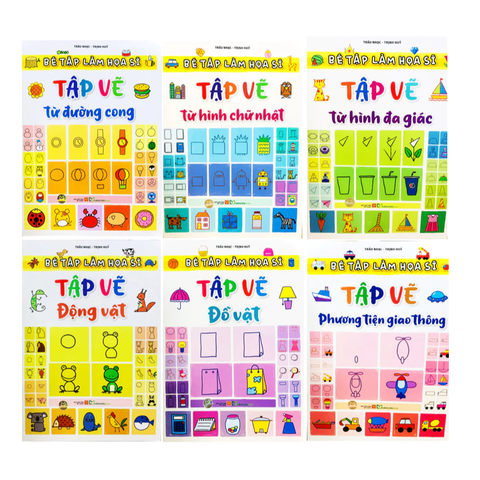 Combo 6 cuốn sách Bé tập làm họa sĩ - Tập vẽ đồ vật, Động vật, Đường cong, Từ hình đa giác, Từ hình chữ nhật, Phương tiện giao thông - Sách cho bé học vẽ và tô màu - Minh Long