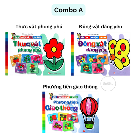 Combo A 3 cuốn tô màu bàn tay nhỏ vẽ tranh: Động vật - Thực vật- Phương tiện giao thông - Tân Việt