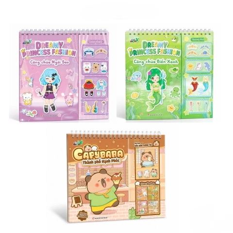Combo 3 cuốn Công chúa ngôi sao, Công chúa biển xanh, Capybara Thành phố hạnh phúc - Sách bóc dán hình trò chơi tương tác Gáy Lò xo dễ chơi - Minh Thắng