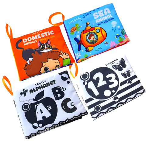 Combo 4 Cuốn Sách Vải Sơ Sinh 11x12cm ĐV Nuôi - SV Biển - ABC-123- Lalala Baby