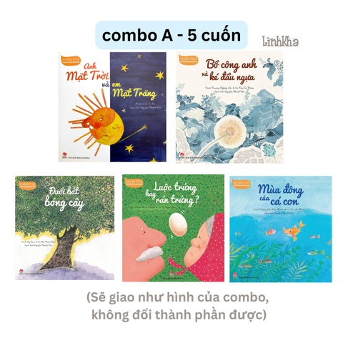 Combo A 5 cuốn Khám phá thế giới quanh em Kim Đồng: mặt trăng mặt trời, bồ công anh, đuổi bắt bóng cây, luộc trứng, mùa đông cá con