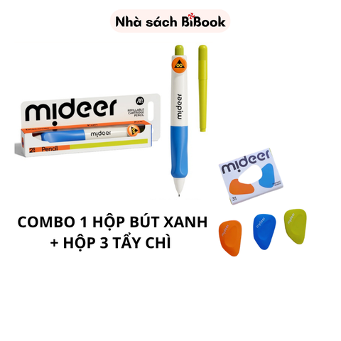 Combo bút chì kim bấm (màu xanh) và hộp 3 tẩy chì dẹp - mideer