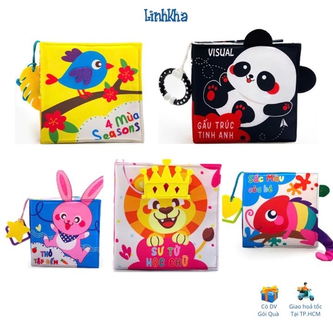 Combo 5 cuốn sách vải 4 mùa, Sắc màu của bé, Gấu trúc tinh anh, Sư tử học chữ, Thỏ tập đếm - có chi tiết tương tác, an toàn dễ giặt vệ sinh cho bé - size cơ bản 15x15 - pipovietnam