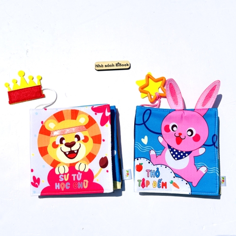 Combo 2 cuốn sách vải Sư tử học chữ, Thỏ tập đếm - có chi tiết tương tác, an toàn dễ giặt vệ sinh cho bé - size cơ bản 15x15 - pipovietnam