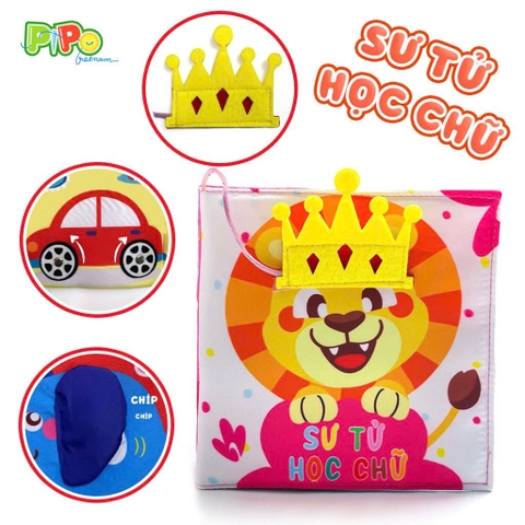 Sách vải Sư tử học chữ - có chi tiết tương tác, an toàn dễ giặt vệ sinh cho bé - size cơ bản 15x15 - pipovietnam