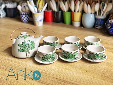 Bộ trà men rạn vẽ lá chuối HH