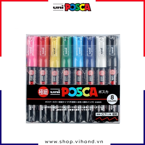 Bút sơn vẽ đa chất liệu Uni Posca Paint Marker PC-1M Extra Fine - Set 8 màu