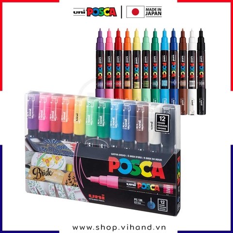 Bút sơn vẽ đa chất liệu Uni Posca Paint Marker PC-1M Extra Fine - Set 12 màu