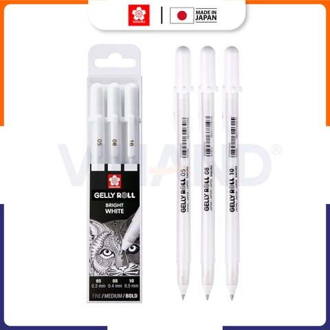 Bút bi Gel đi nét line màu trắng size 05, 08, 10 Sakura Gelly Roll - White