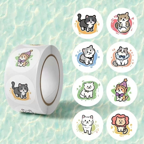 Cuộn 500 Sticker Mèo Hoạt Hình Dễ Thhuowng RCSTK474