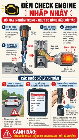 ĐÈN CHECK ENGINE NHẤP NHÁY BUỔI SÁNG: XE RUNG BẦN BẬT BỎ MÁY VÀ MẸO BẮT BỆNH BÔ-BIN