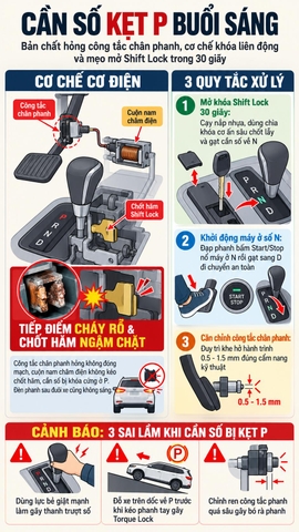 CẦN SỐ TỰ ĐỘNG BỊ KẸT Ở VỊ TRÍ P VÀO BUỔI SÁNG: NGUYÊN NHÂN VÀ MẸO MỞ KHÓA SHIFT LOCK TRONG 30 GIÂY