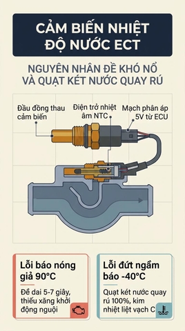 CẢM BIẾN NHIỆT ĐỘ NƯỚC LÀM MÁT LỖI: XE KHÓ NỔ SÁNG VÀ QUẠT RÚ